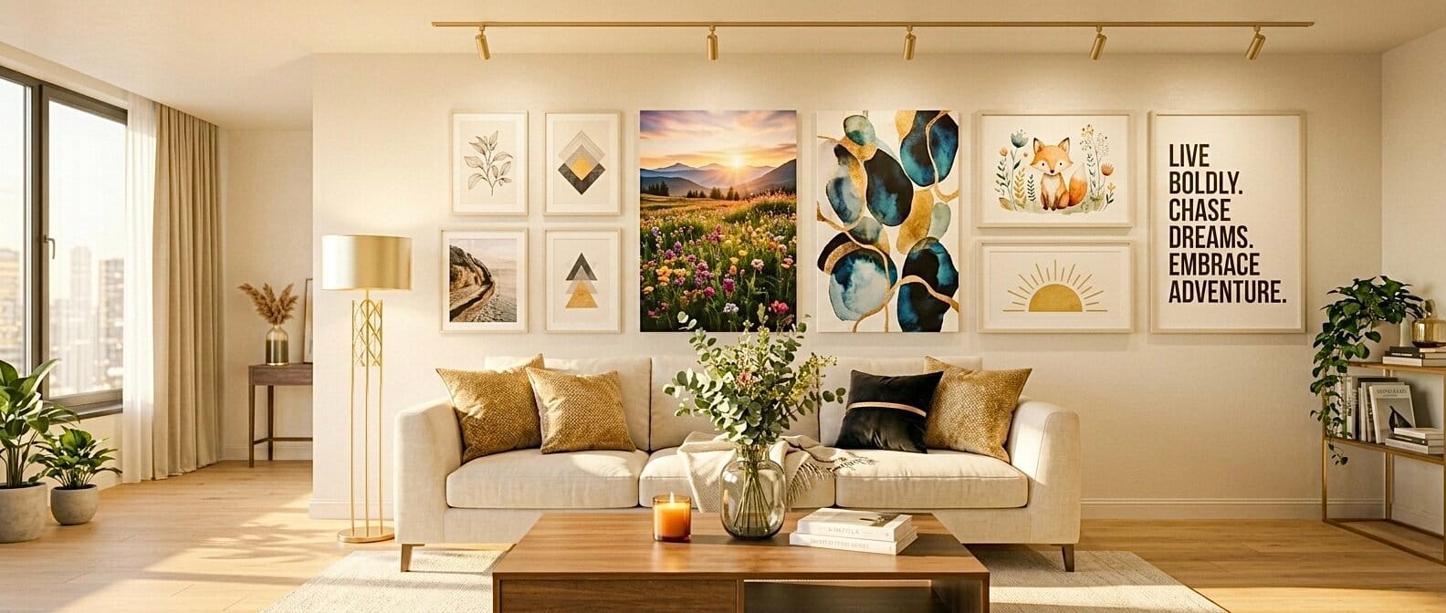 Curated wall art prints displayed in a beautifully styled living room