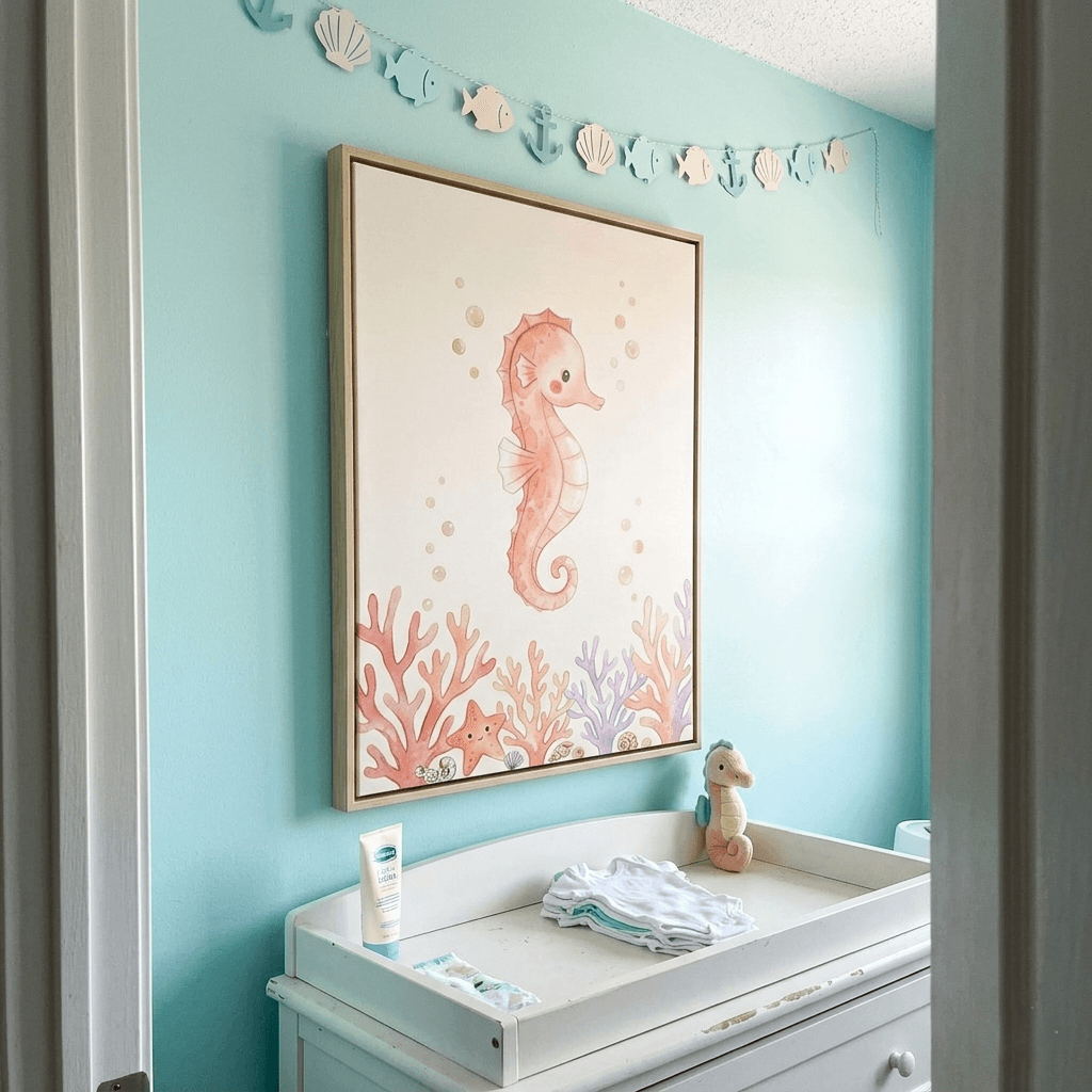 Jennifer L.'s home featuring Kawaii Seahorse Coral Nursery Canvas Wall Art